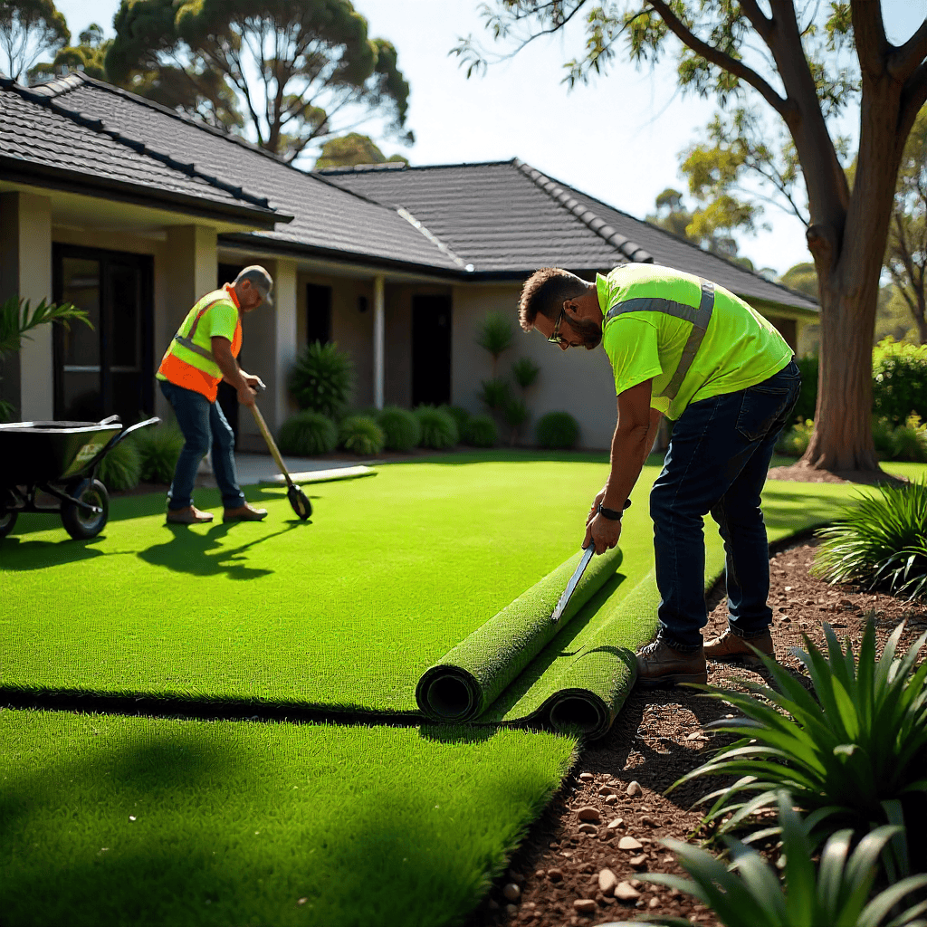 Professional landscapers completing Buffalo Grass Installation on a Northern Beaches home, laying fresh turf rolls with coastal property in the background, wheelbarrow and soil preparation tools visible.