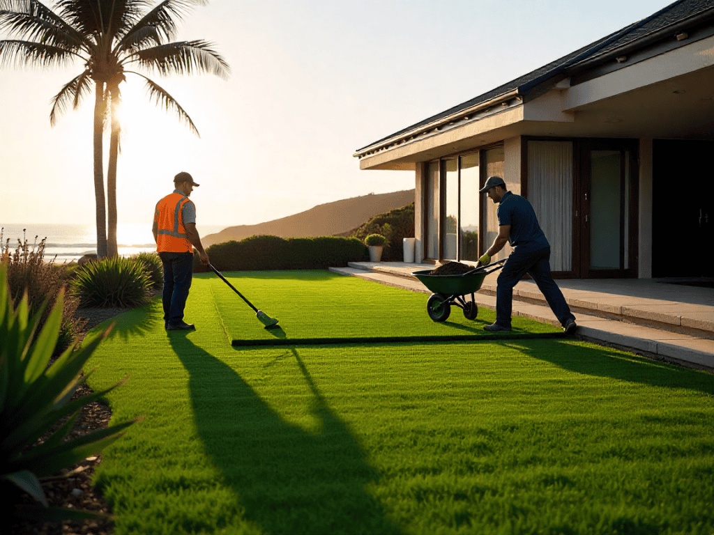 Professional landscaping crew installing lush buffalo grass turf on a Northern Beaches coastal property, with modern beachside home, ocean views, premium soil, and native coastal plants in the garden.