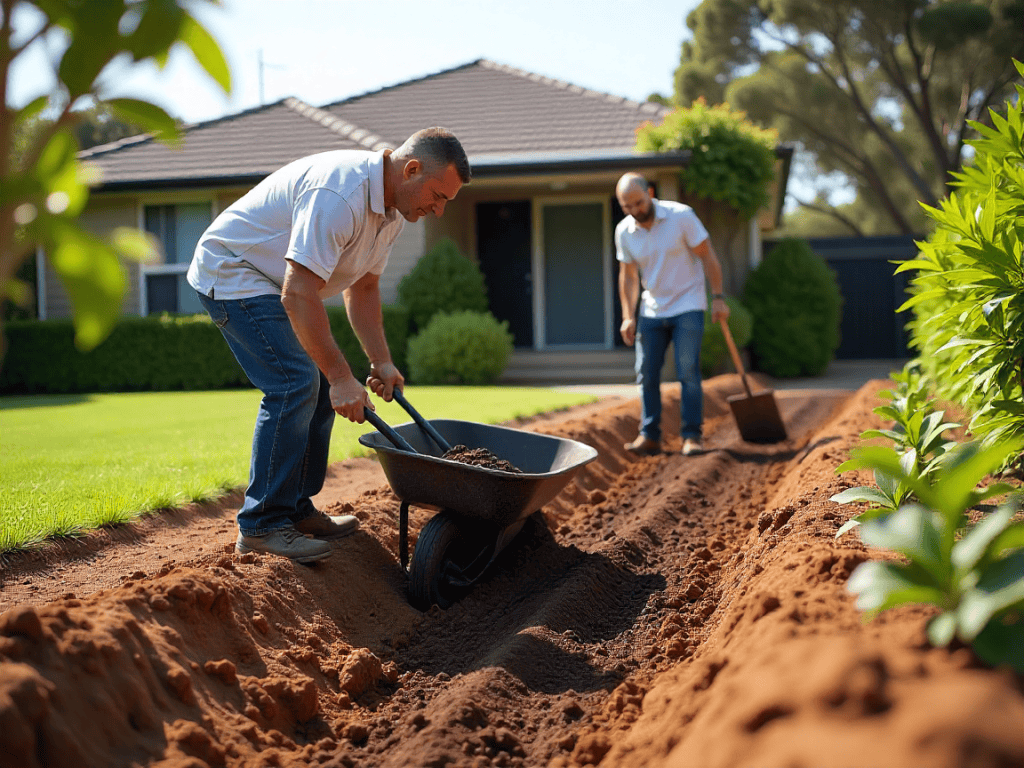 Professional garden soil supply and installation in Northern Beaches with landscaping crew spreading premium soil