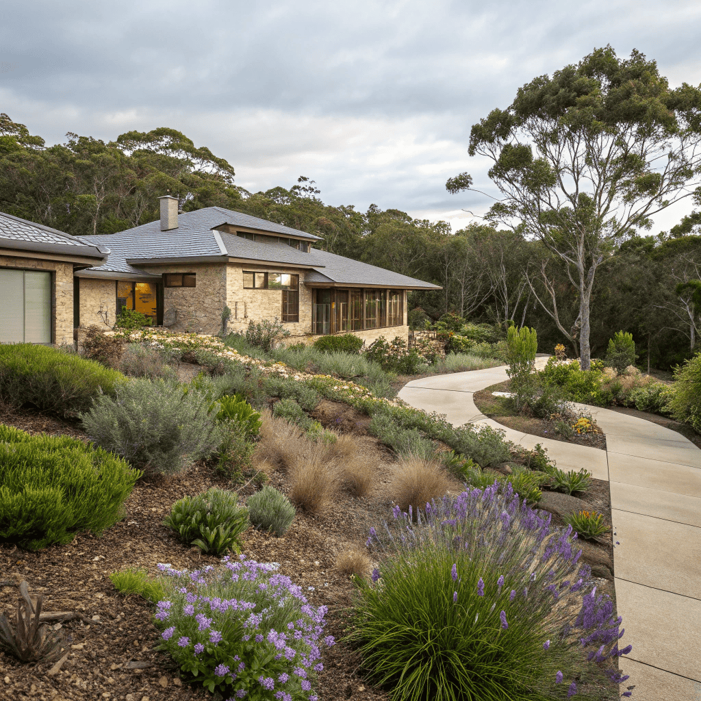 Bushfire-safe native garden in Avalon featuring coastal rosemary, westringia and native violet plants with proper spacing for fire protection around modern coastal home