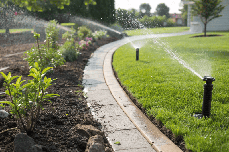 Drip irrigation system watering garden bed plants compared to sprinkler system watering lawn Northern Beaches