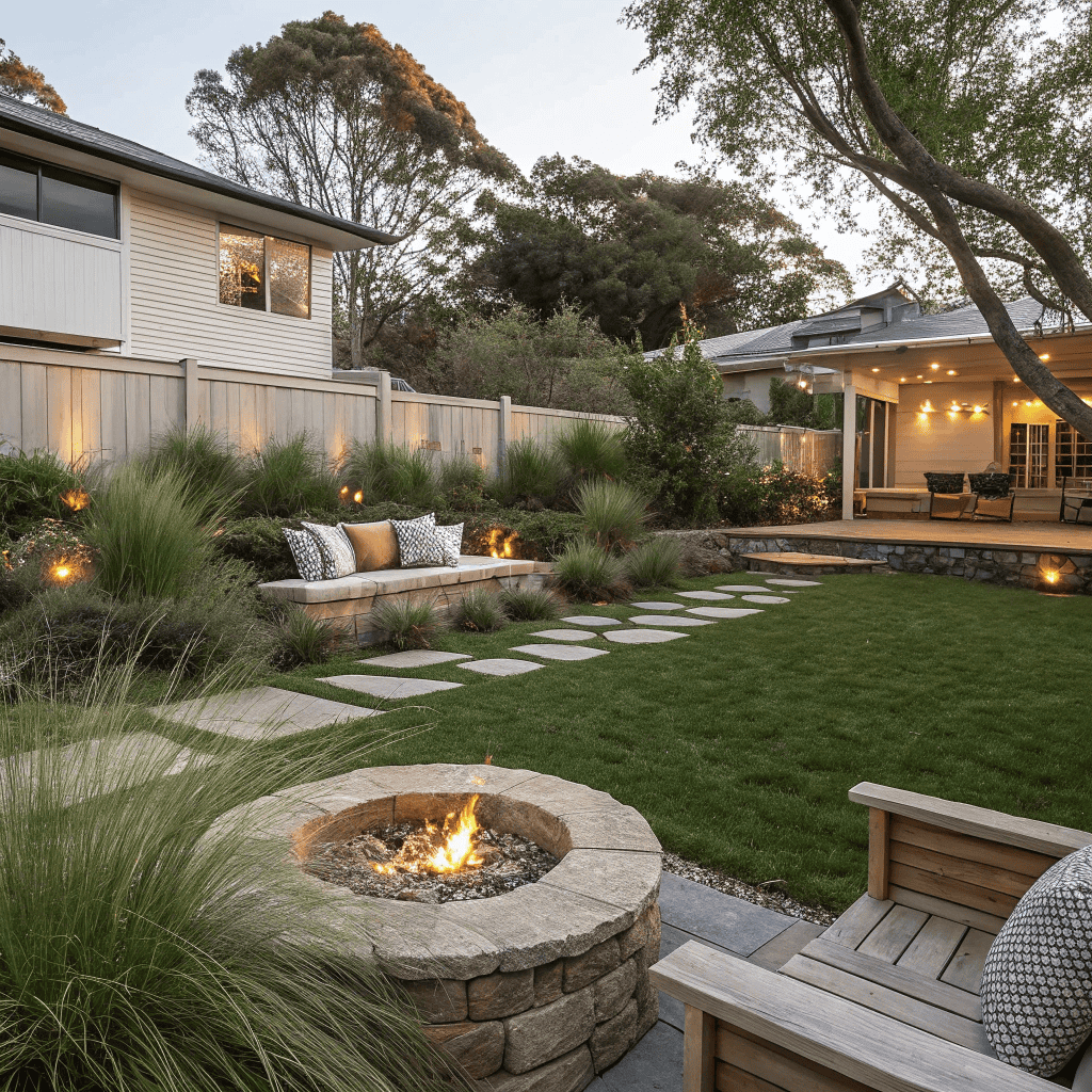 Northern Beaches family enjoying BBQ in professionally landscaped backyard with native plants and entertainment area