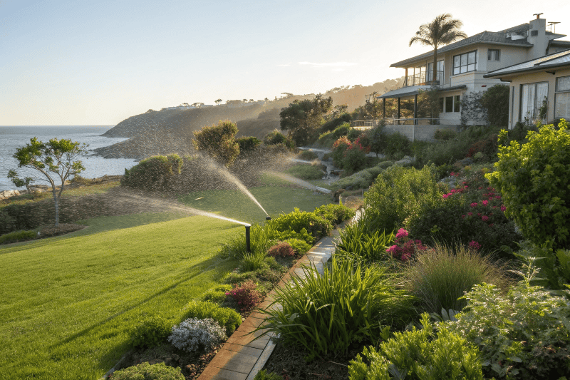 Lush healthy Northern Beaches garden with automatic irrigation system watering native plants and lawn