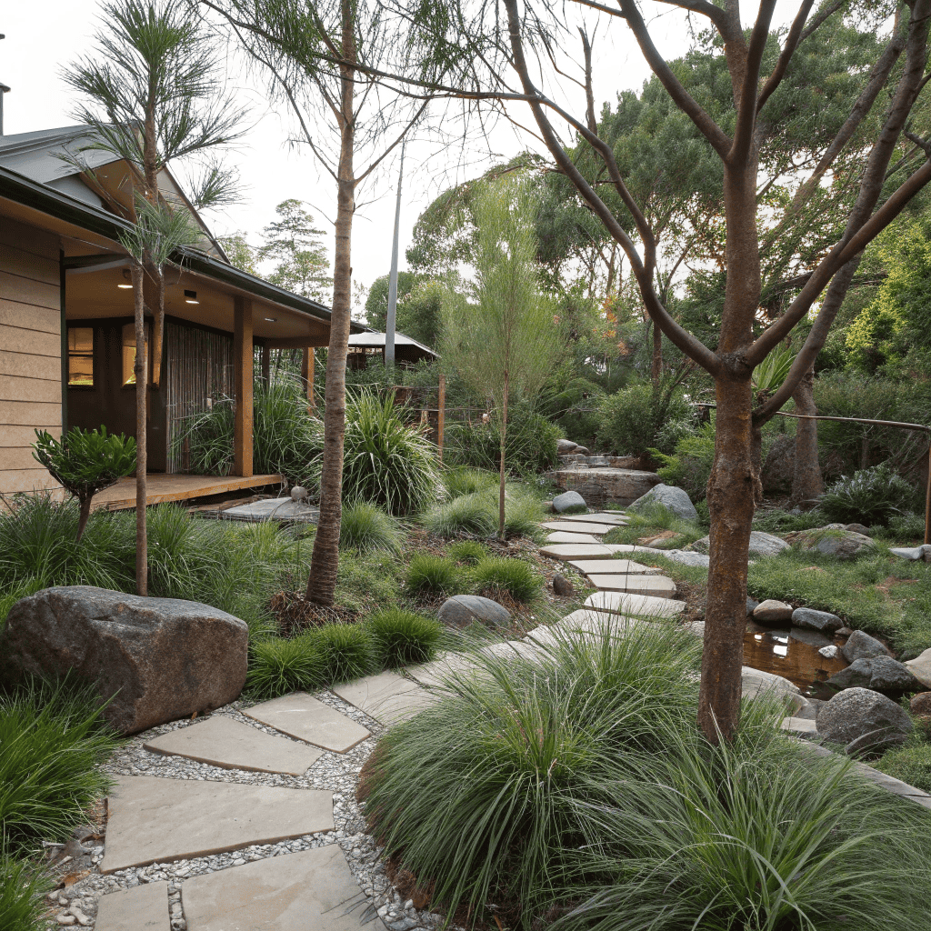 Native Australian plants arranged in Japanese garden style featuring lomandra, coastal banksia, native violet and melaleuca
