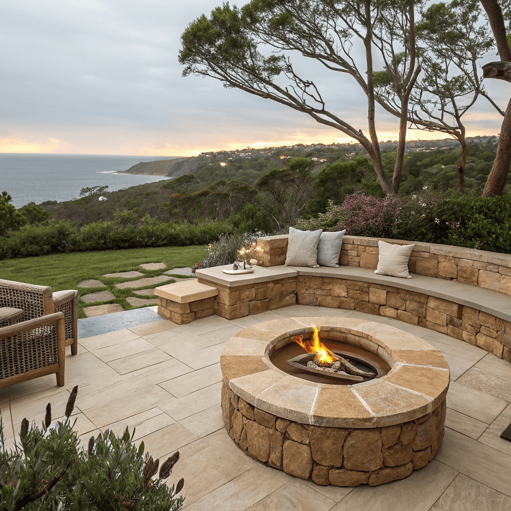 Luxury outdoor entertainment area on elevated Avalon property with natural sandstone fire pit, outdoor kitchen and native hibiscus privacy screening with ocean views