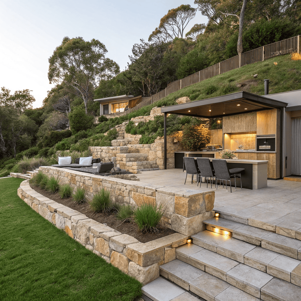 Modern outdoor entertainment area with stone retaining walls and native landscaping in Mona Vale Northern Beaches