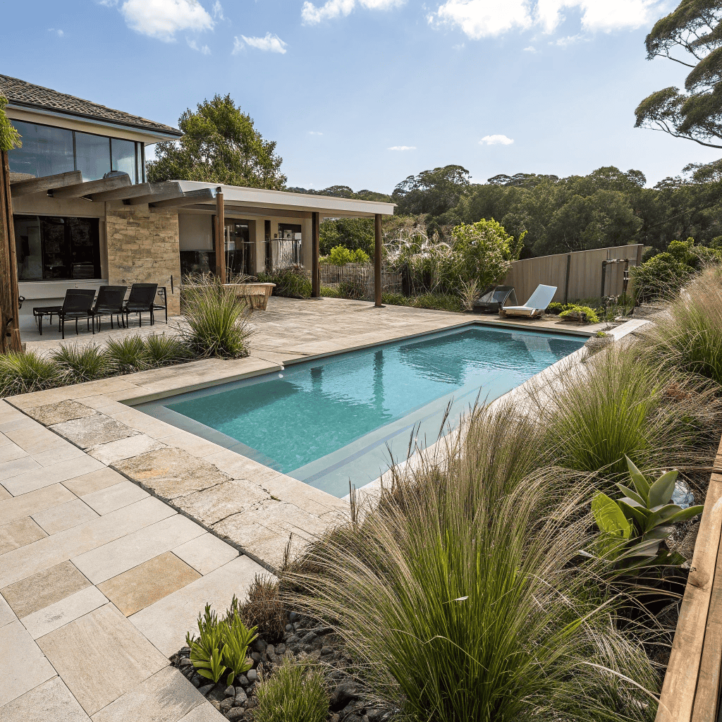 Family-safe pool landscaping with native plants and clear sightlines in Mona Vale coastal property