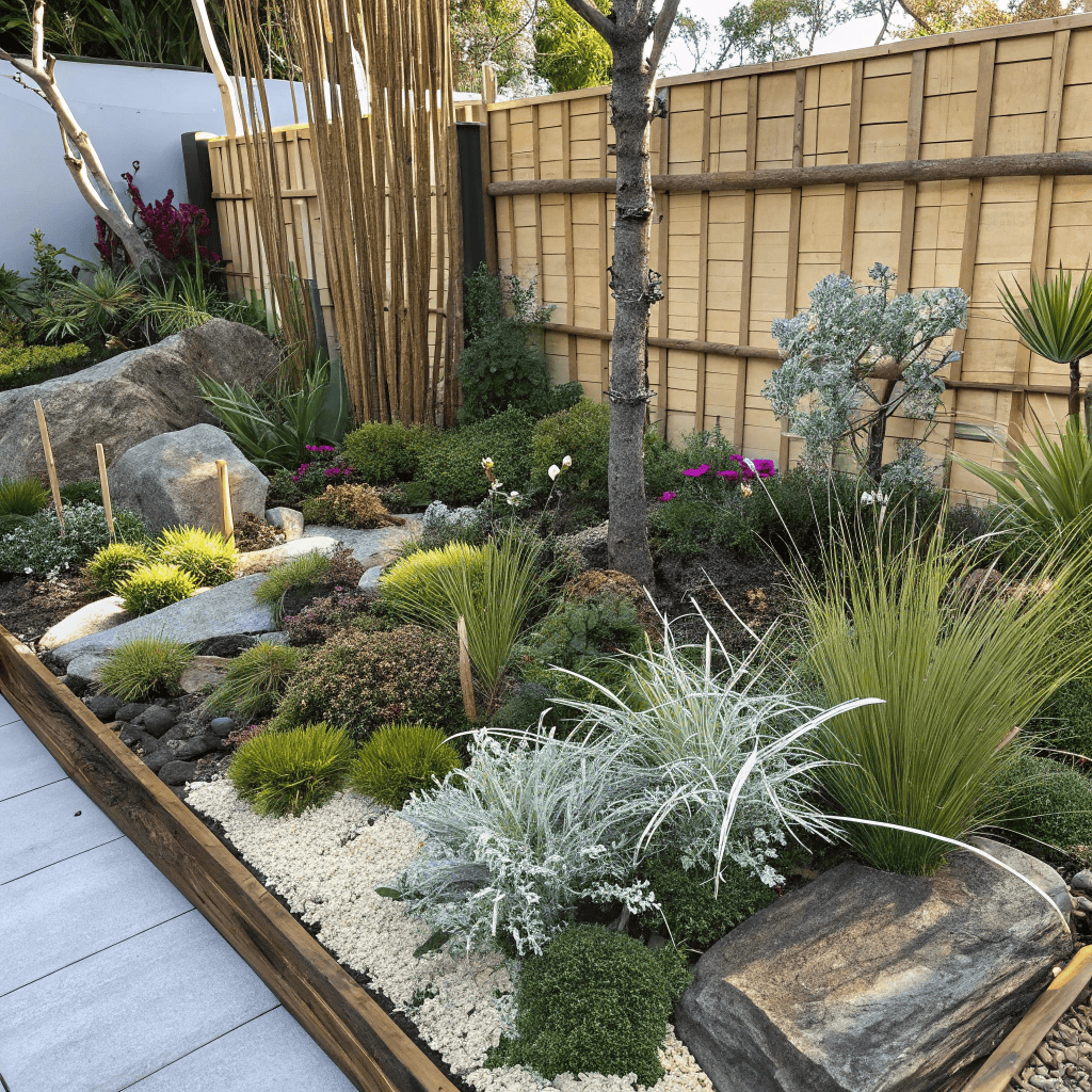 Japanese garden design using native Australian plants including banksia trees, lomandra grasses and native violet ground cover with sandstone pathways