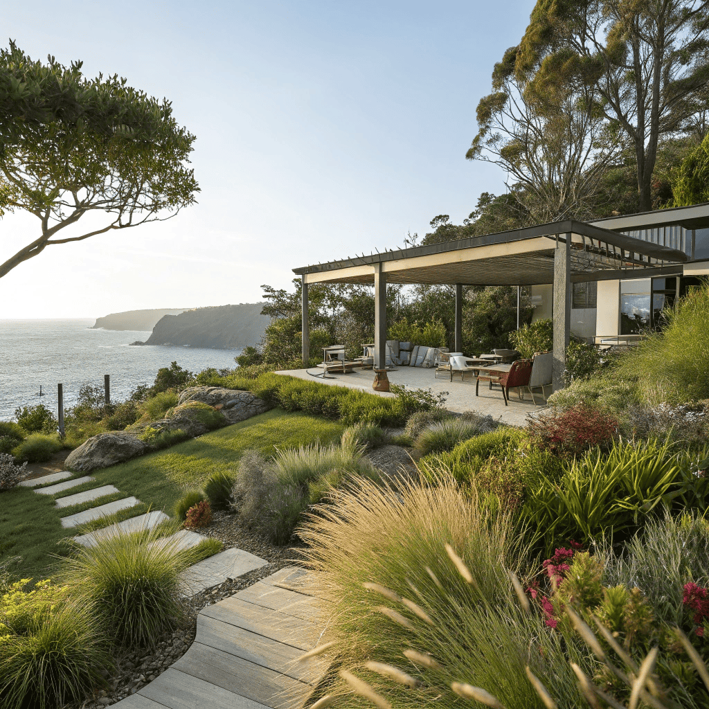 Professional landscape designer Northern Beaches coastal garden with native plants and outdoor entertaining area