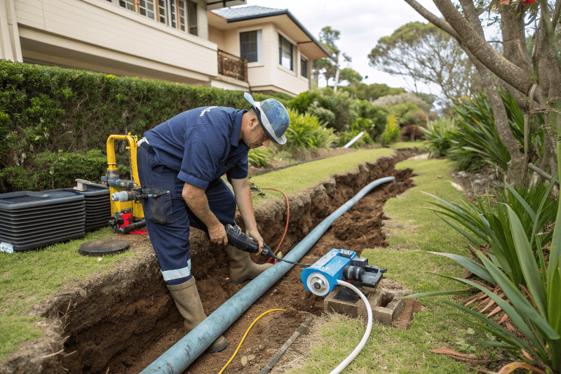 Professional irrigation technician installing underground irrigation system Northern Beaches residential property