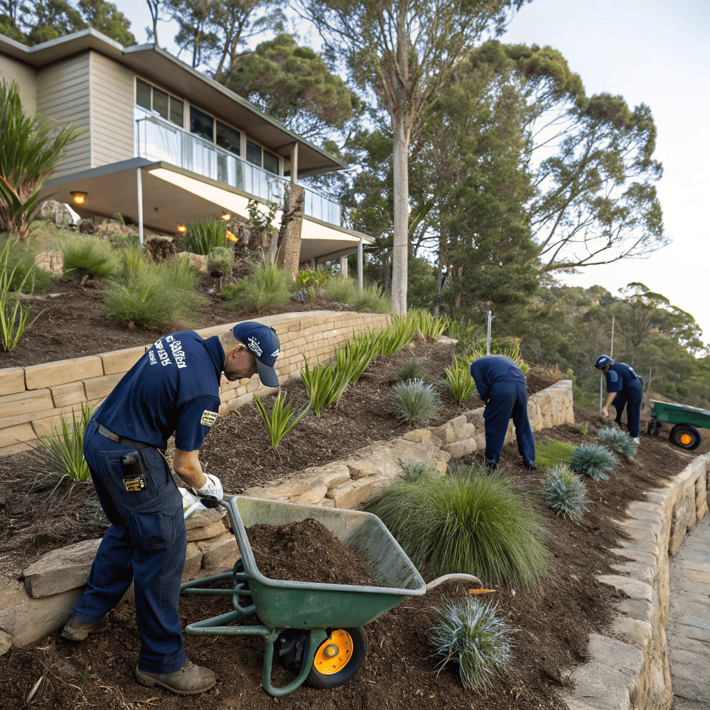 Professional landscaping team from Northern Beaches Landscaping Group installing native coastal plants including lomandra and dianella on sloped Avalon property