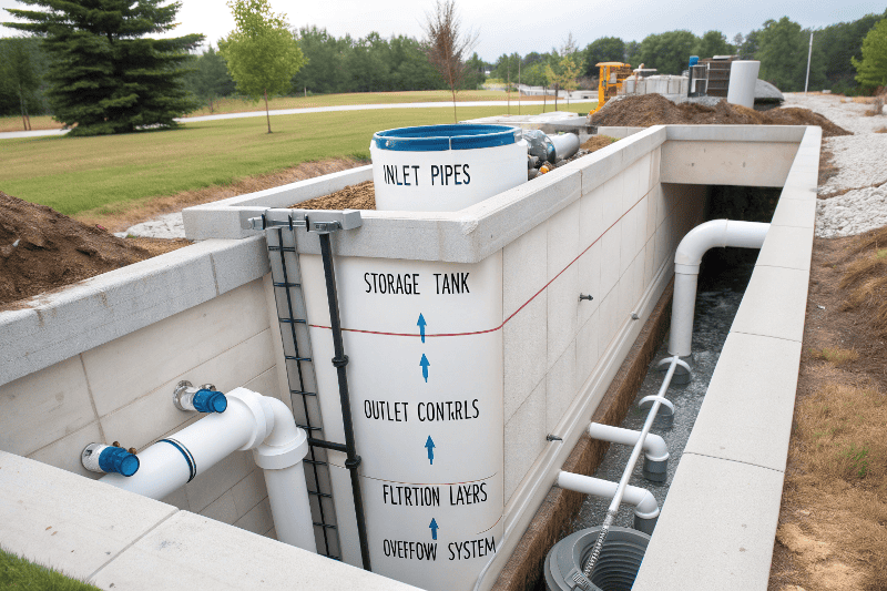 Technical cross-section diagram showing underground stormwater detention system components and water flow