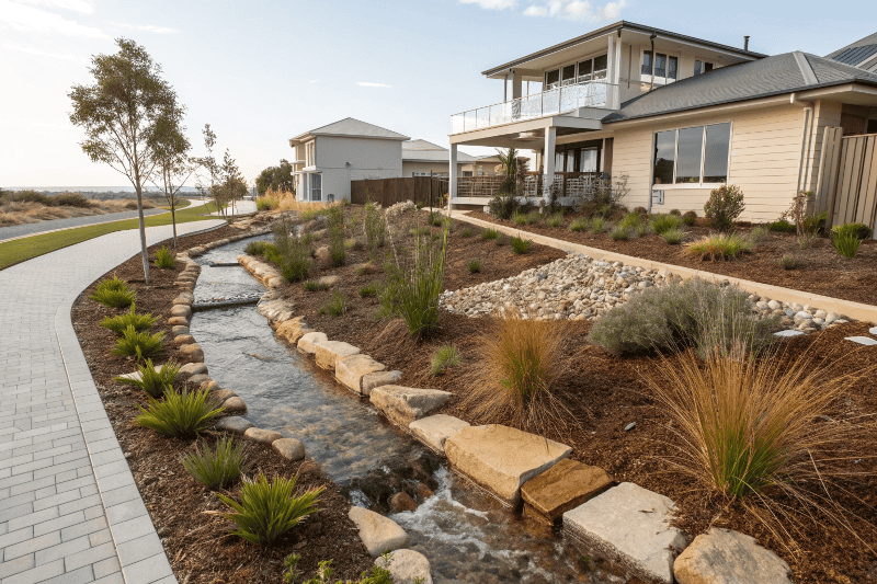 Water Sensitive Urban Design bioretention garden managing stormwater runoff with native plants in Northern Beaches residential setting