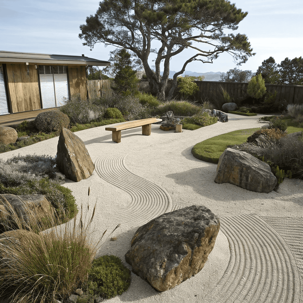 Australian zen dry garden with raked gravel patterns, sandstone boulders and native coastal plants including pigface and native grasses