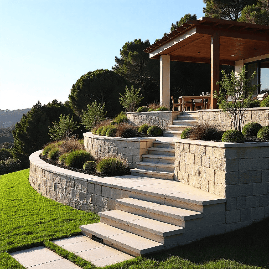 Photorealistic three-tier sandstone retaining wall system on a steep coastal slope in the Northern Beaches. Each terrace level serves a purpose: outdoor dining on the top level, native Australian garden plants on the middle, and a children’s play area on the bottom. Proper drainage weep holes are visible in the sandstone construction, with coastal vegetation and distant ocean views in the background. A showcase of premium landscaping and sloping block retaining walls for Australian homes.