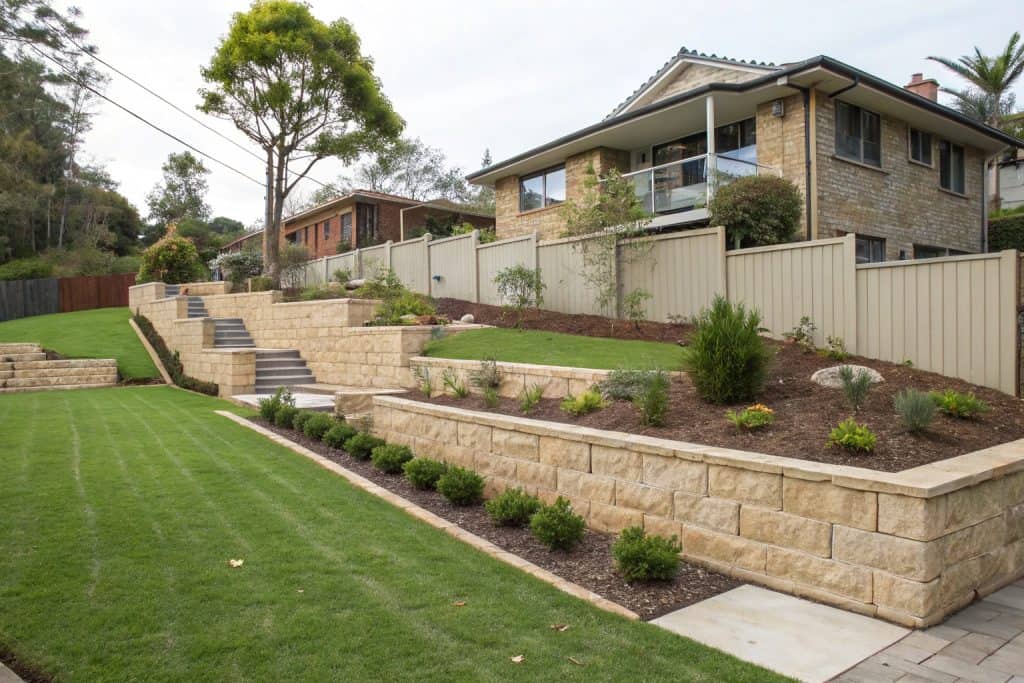Collaroy Plateau Sloping Block Transformation: Three-tiered retaining wall system with integrated drainage, creating level entertaining spaces